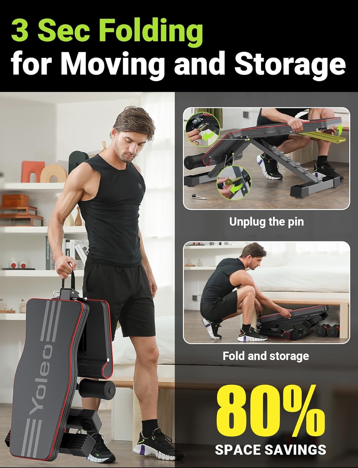 Yoleo Adjustable Weight Bench – Foldable Incline, Decline & Flat Utility Bench for Full Body Workout, Home Gym Strength Training & Bench Press (Black)