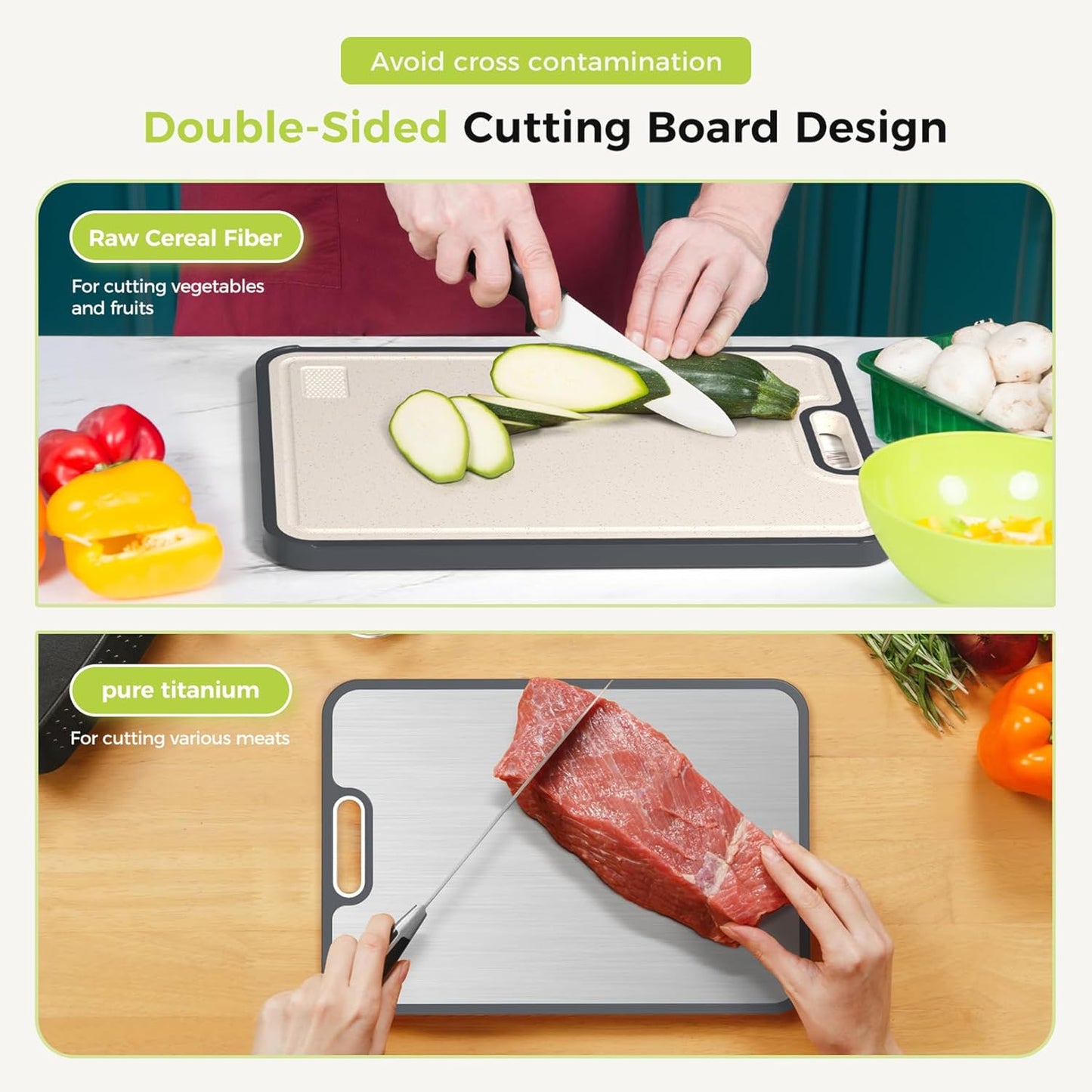 Titanium Cutting Board for Kitchen – Double-Sided Food Grade Board, Pure Titanium & Wheat Straw PP, Easy to Clean Large 16”×11”