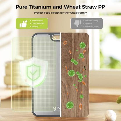 Titanium Cutting Board for Kitchen – Double-Sided Food Grade Board, Pure Titanium & Wheat Straw PP, Easy to Clean Large 16”×11”