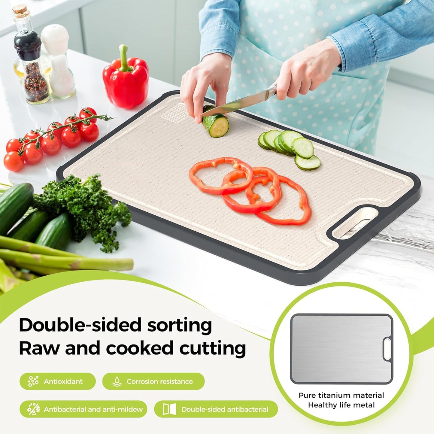 Titanium Cutting Board for Kitchen – Double-Sided Food Grade Board, Pure Titanium & Wheat Straw PP, Easy to Clean Large 16”×11”