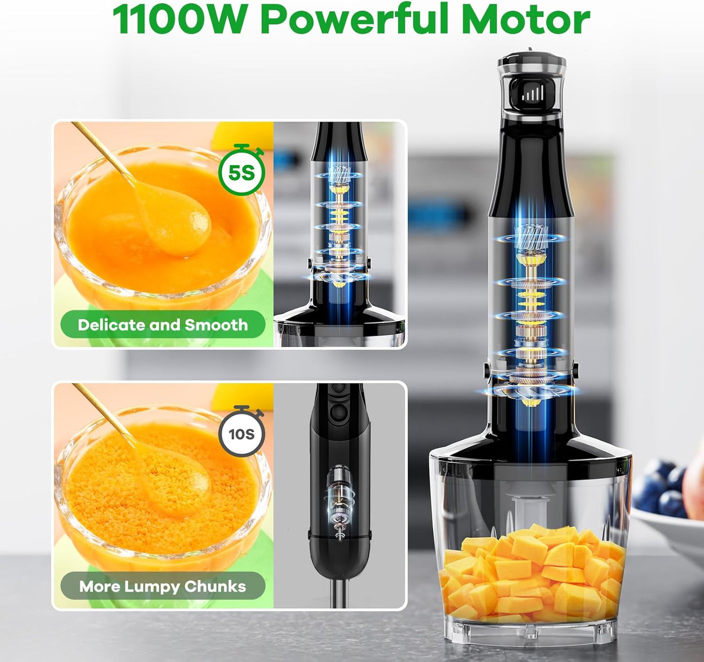 Immersion Blender Handheld 1100W – 5-in-1 Corded Hand Blender Set with Variable Speed, Stick Emulsifier, Chopper, Whisk & Frother for Baby Food, Soups & Smoothies