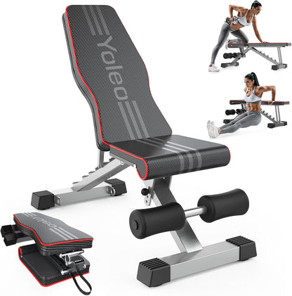 Yoleo Adjustable Weight Bench – Foldable Incline, Decline & Flat Utility Bench for Full Body Workout, Home Gym Strength Training & Bench Press (Black)